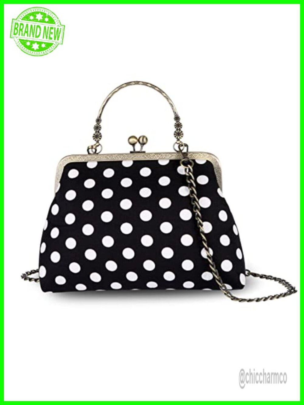 Polka Dot Canvas Kiss Lock Clutch Top Handle Purse Vintage Evening Bag
